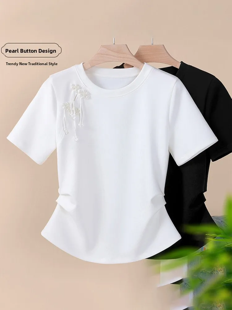 

plus Size Women's White Pure Cotton T-irt ort Sve Waist-Cinching Summer Design Korean Sle Commute Pear Body pe