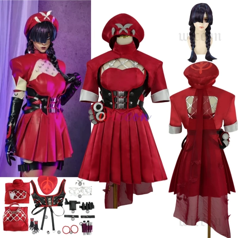 

X-Men Psylocke Cosplay Red Skirt Double Twist Wig Hat Women Fantasy Role Play Suit