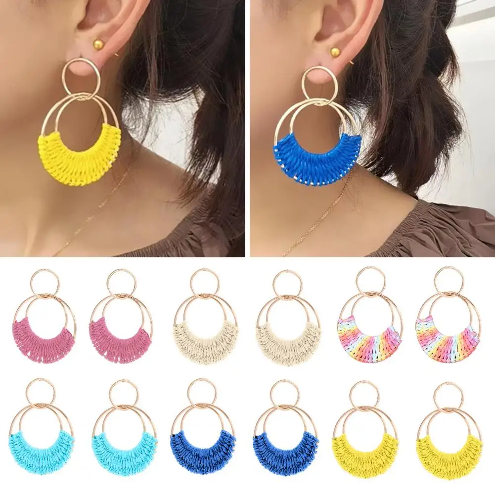 1 Pair Raffia Drop Hoop Earrings Ring Boho Beach Vacation Party Straw Woven Stud Dangle Earrings Fashion Accessories Gift