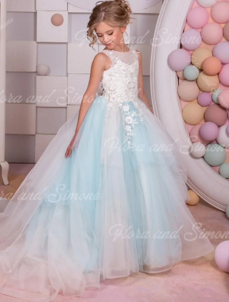 カスタマイズされた結婚式の誕生日白青チュールフラワーガールドレスフローリーパターン用ノースリーブパーティー初聖体ドレス用