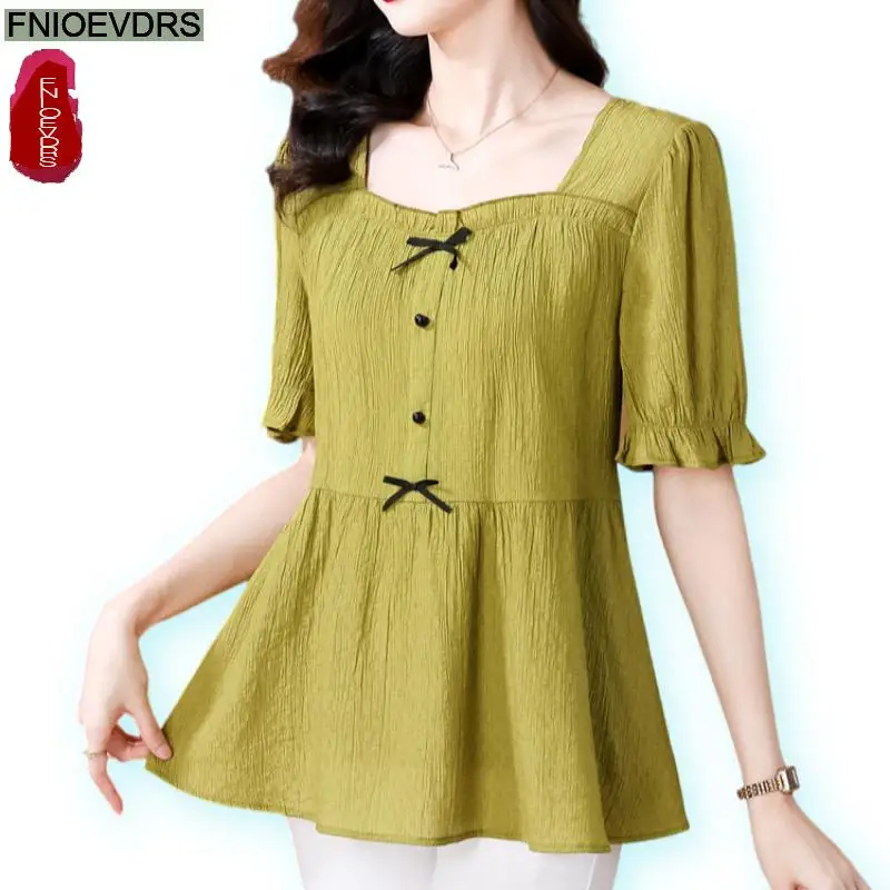

Retro Vintage Ruffles Peplum Tops New Design Women Summer Office Lady European Style Solid Cute Bow Tunic Button Shirts Blouse