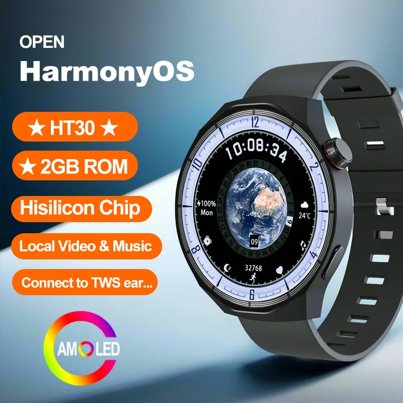 

HT30 HarmonyOS Smart Watch AMOLED Men Sport Watches Hisilicon Chip 2GB Local Video Customize Watch Face Heart Rate Smartwatch