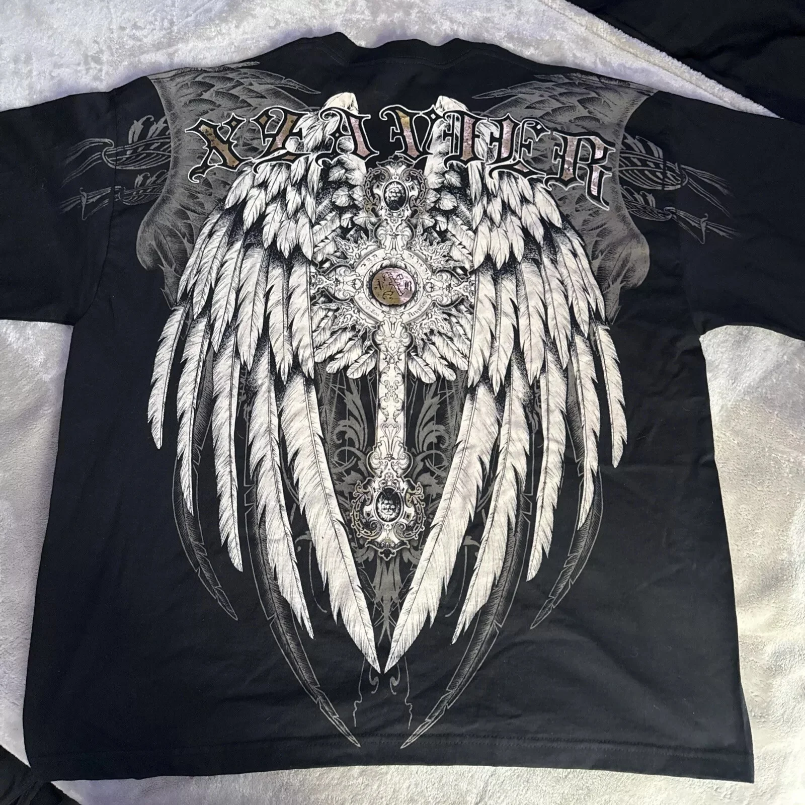 Xzavier Y2K Vintage T-Shirt Gothic Cross & Angel Print 100% Cotton