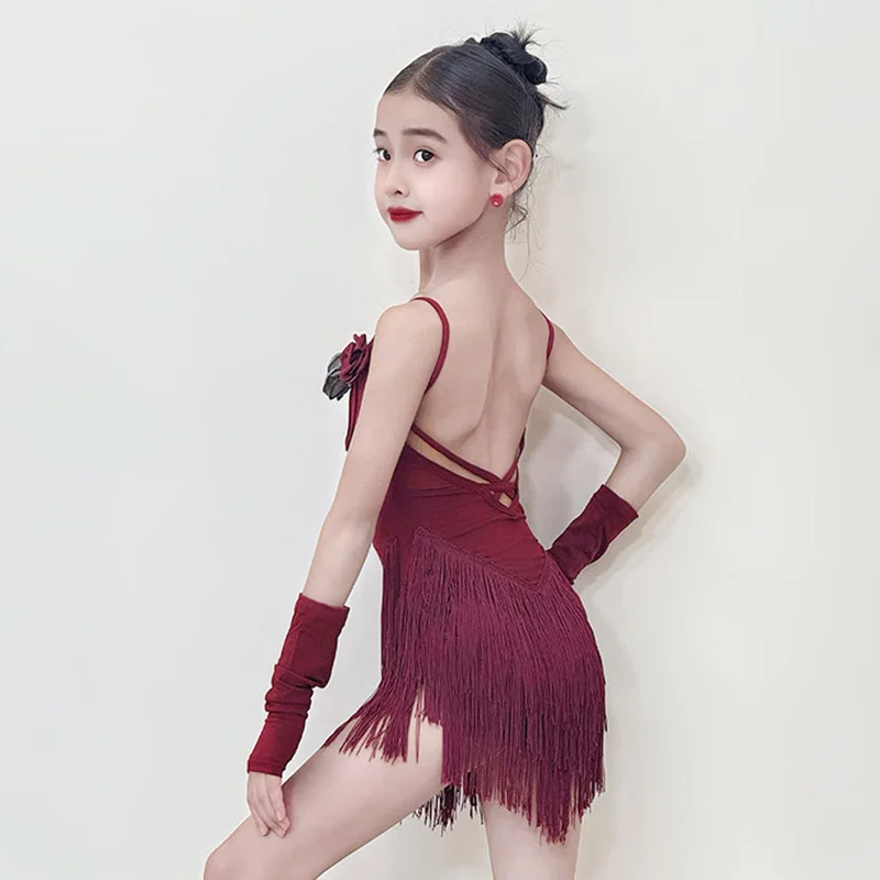 

Детский комплект для латиноамериканских танцев для девочек: топ без рукавов и юбка с бахромой для тренировок, костюм для выступлений в стиле румба и ча-ча-ча