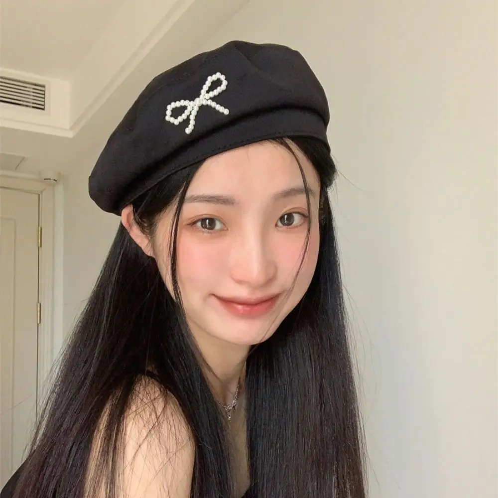 Casual Pearl Bow Beret Y2K Girl British Style Women Octagonal Hat Korean Style Newsboy Cap Painter Hat Streetwear