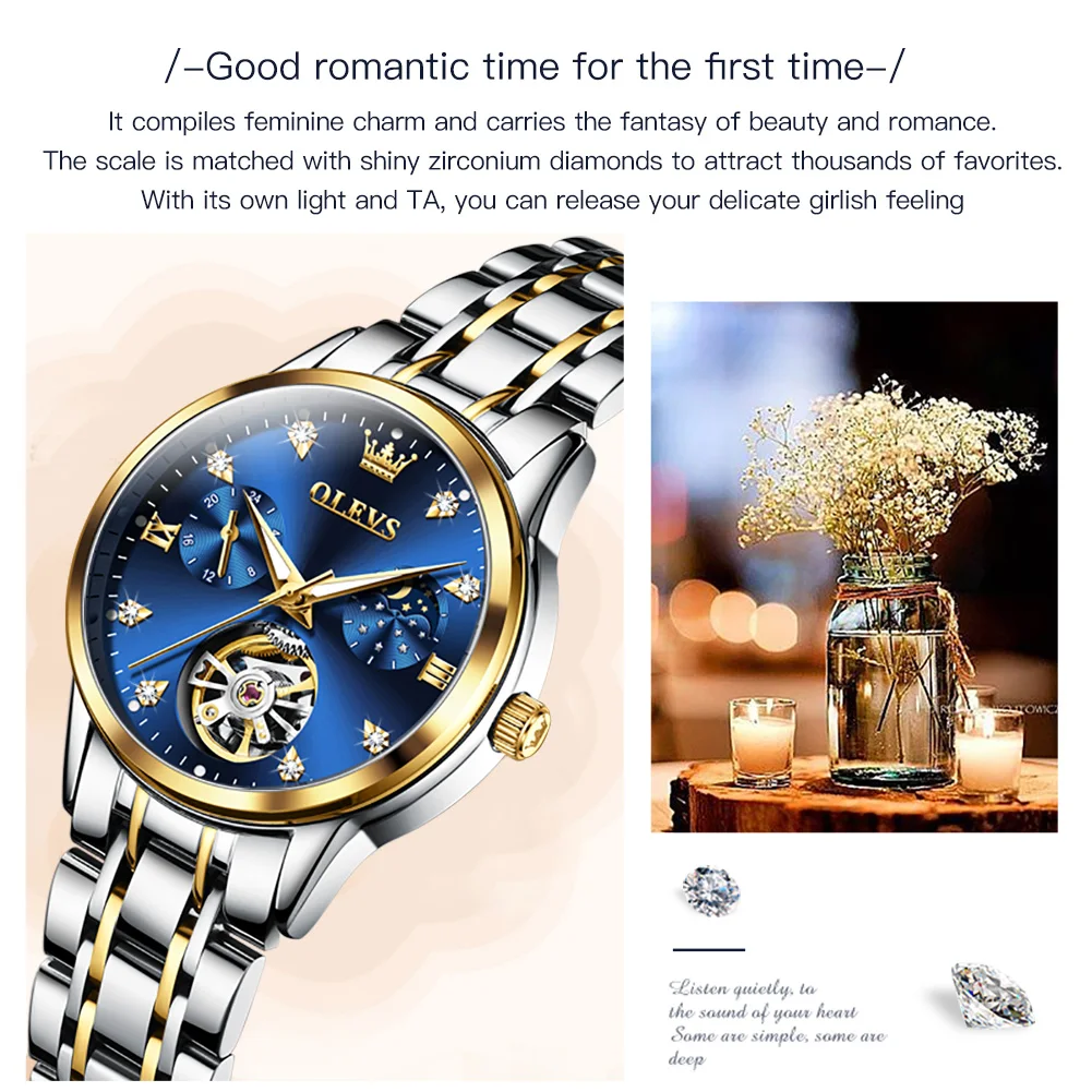 ساعة OLEVS 6608 للسيدات بحركة ميكانيكية أوتوماتيكية للأعمال مقاومة للماء من الفولاذ المقاوم للصدأ بتقويم للنساء