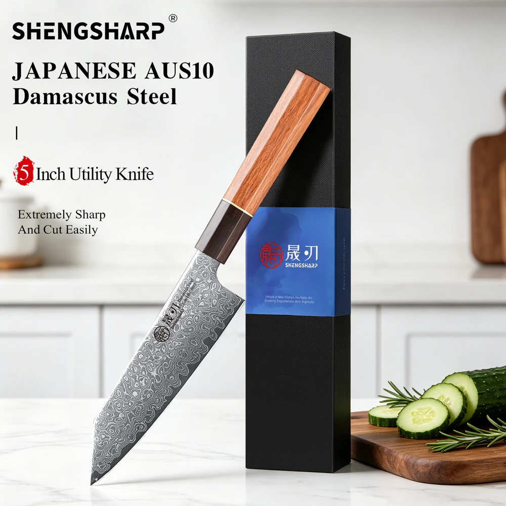 SHENGSHARP 5-Zoll Küchenmesser, Handgefertigtes Japanisches Damaszener Stahlmesser, Gemüse-, Fleisch- und Obstmesser, Kochutensilien
