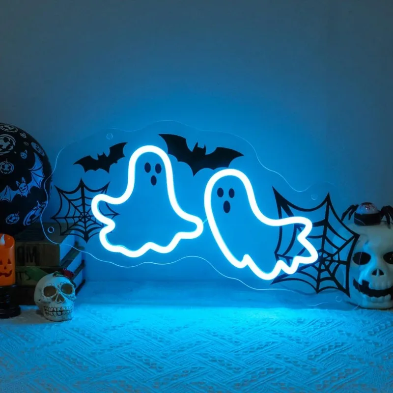 ไฟนีออน LED รูปทรงผี ลายใยแมงมุม แสงไฟกลางคืน ใช้พลังงานจาก USB ปรับความสว่างได้ เหมาะสำหรับตกแต่งห้องนอน งานปาร์ตี้ฮาโลวีน ตกแต่งหน้าต่าง ของขวัญสุดหลอน