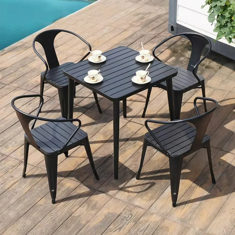 Outdoor courtyard anticorrosive wood dining table tin chair outdoor balcony leisure plastic wood table chair combination