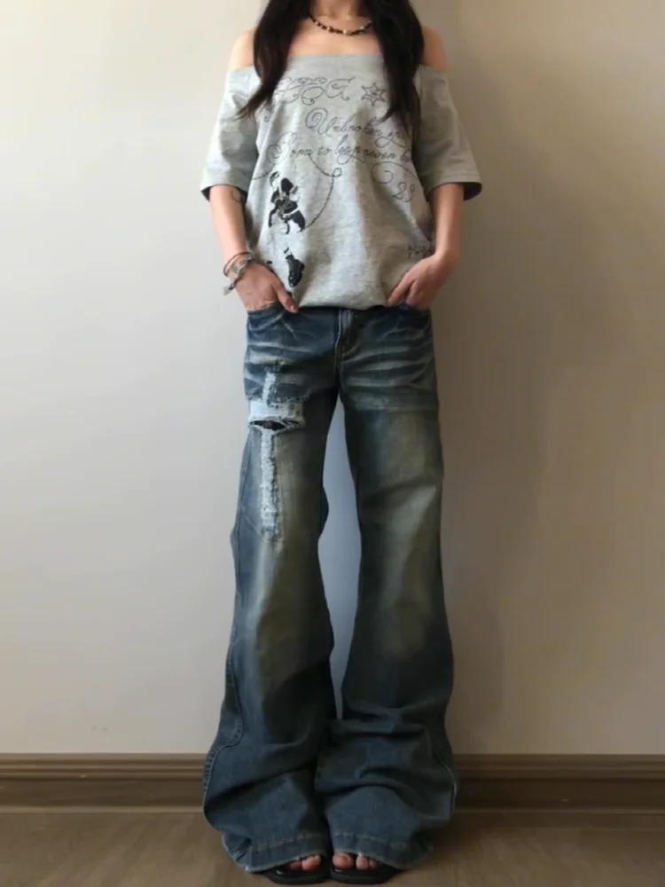

Cool Girl American Style Low Waist Flared Jeans Women Summer Design Sense Washed Hole Slimming Hoof Pants