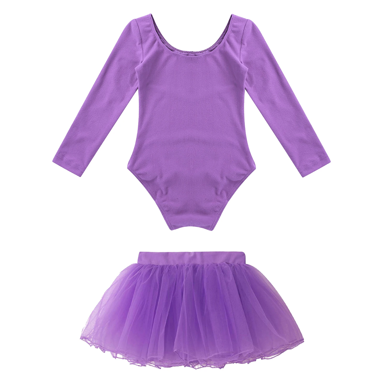 Girls Ballet Dance Leotards Long Sleeve Solid Color Leotard+Tulle Tutu Skirt Outfit Kids Gymnastics Workout Performance Bodysuit