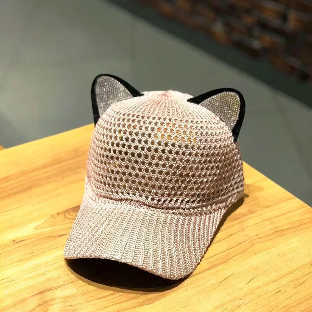 Womens Casual Mesh Baseball Hat Cat Ear Rhinestone Sun Hat Summer Breathable Adjustable Outdoor Fashion Sun Visor Cap