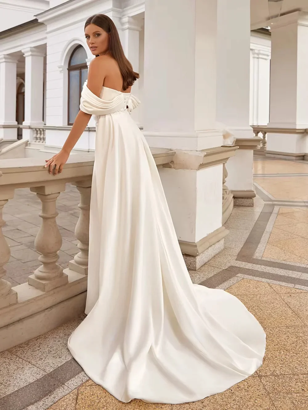 2025 Wedding Dresses with Detachable Train Customized Off The Shoulder Strapless Pleat Flower Belt Satin Robe De Mariee