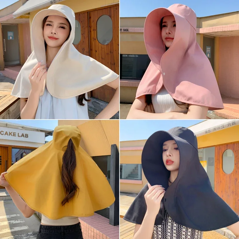 Gorro con protección solar tipo chal grande para mujer, gorro con protección para el cuello, chal de ala ancha, protector solar, gorra con cola de caballo