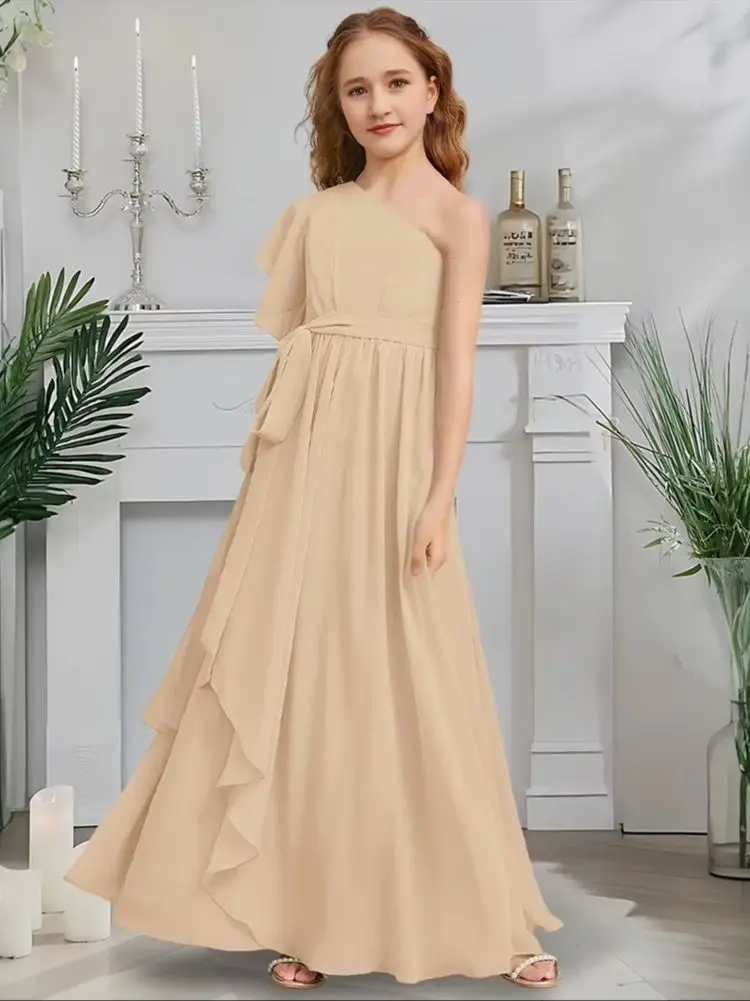 

HSS Kids A-Line Junior Bridesmaid Dress Mint Frost Flower Girl Dress One Shoulder Chiffon Garden Gala Dance Wedding Party Gown