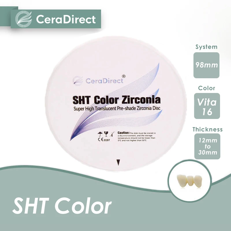 Ceradirect Material dental de circonio transparente súper alto para sistema abierto (98 mm) —— Color SHT preombreado para laboratorio dental CAD/CAM