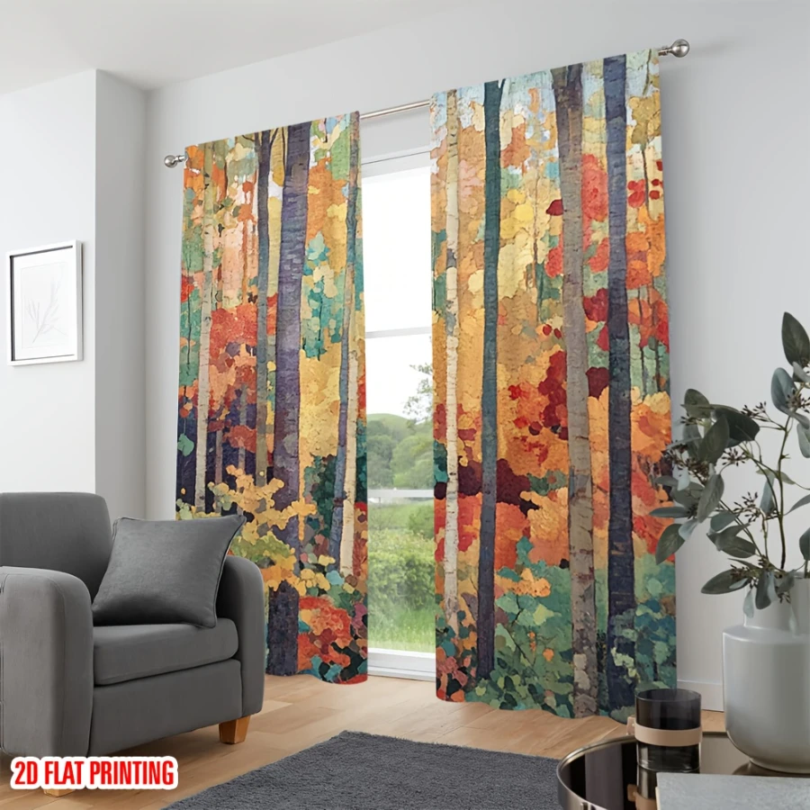 2PCS Digital Print Curtains, Abstract Autumn Forest, Modern Art