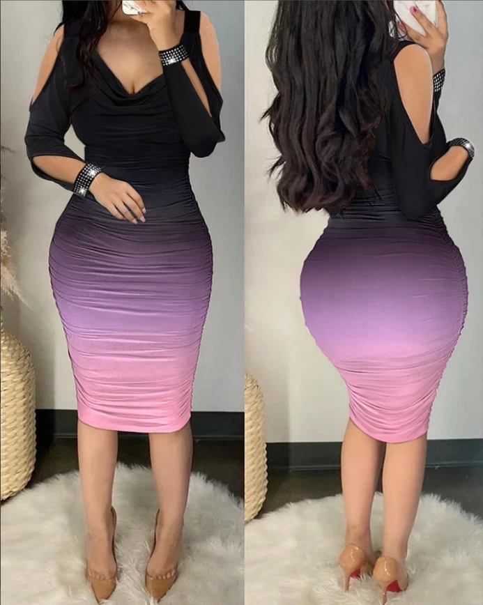 

Dark shoulder pleated tight fitting dress