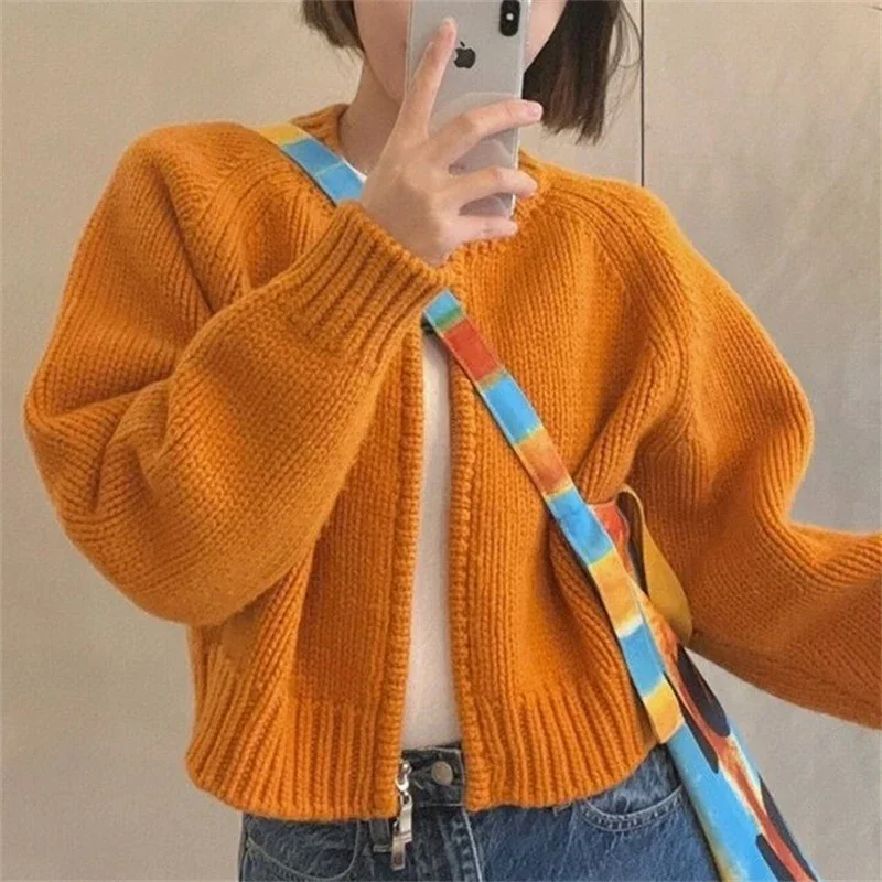 Vintage Knitted Cardigan Women Long Sleeve  O Neck Sweater Cardigans Autumn Winter Loose Chic Knit Zipper Jumpers