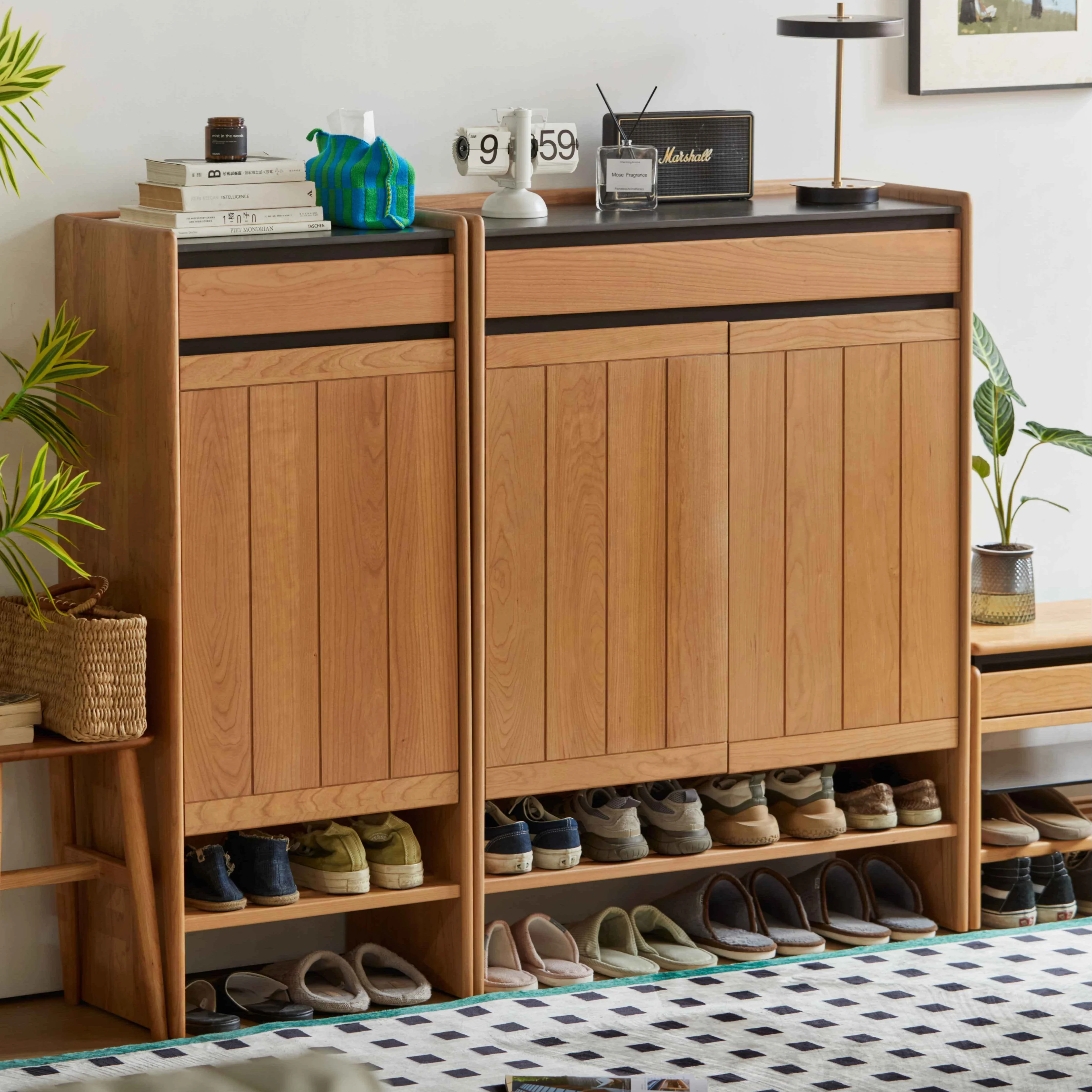 

-Wooden Design Large Storage Shoe Rack for Entryway Thin Shoe Cabinet with Door