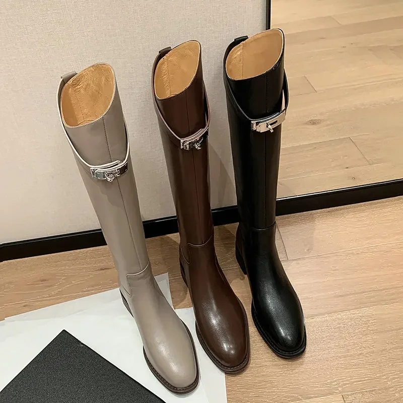 Luxury Brand Genuine Leather Warm Women Winter Shoes Cowhide Knee High Goth Motorycle Western Boots Big Size 42 With Metal Lock