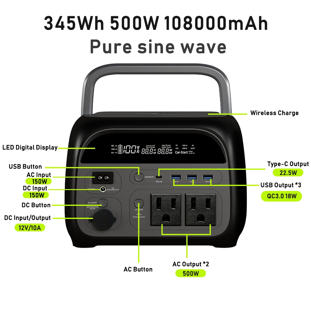 캠핑용품 500W Portable Power Station 345Wh Lifepo4 Battery with 110V 220V AC Outlets for Outdoor Camping RV Home Energy Power