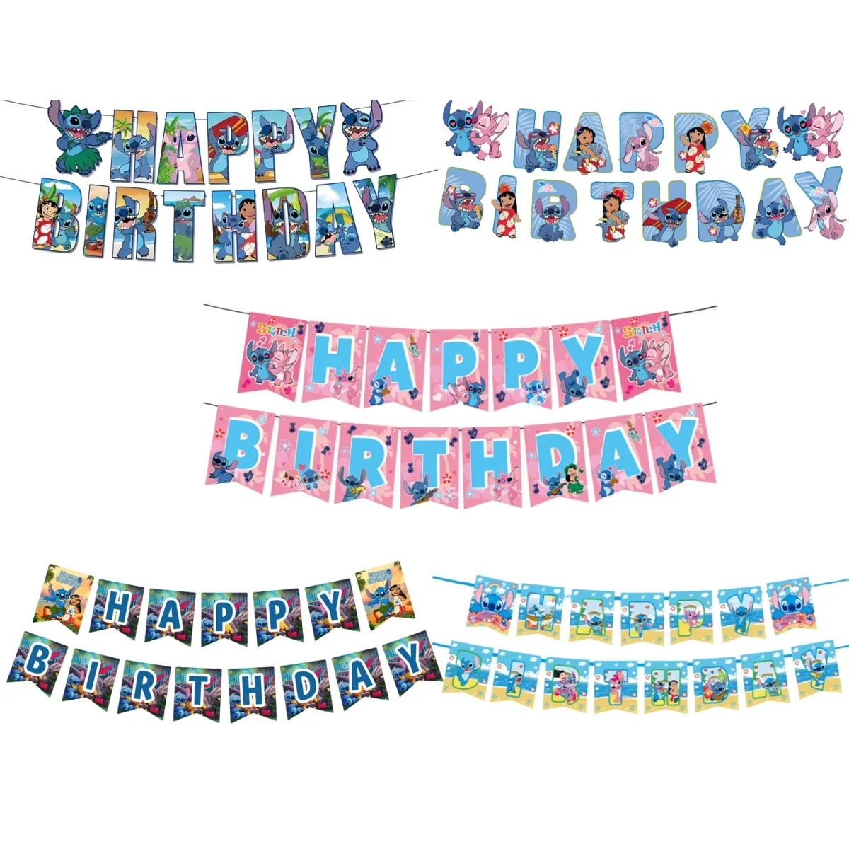 Disney Lilo e Stitch Happy Birthday Banner, Decoração da festa, Bunting Flag, Pendurado, Baby Shower, Kids' Gift, Event Party Supplies