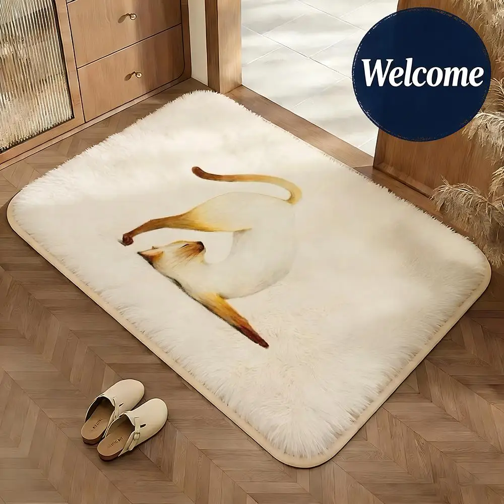Soft Flannel Floor Mat Art Hang In There Baby Cute Cat Yoga Floor Mat Non-Slip Absorbent Doormat Bathroom Bedroom Home Decor Rug