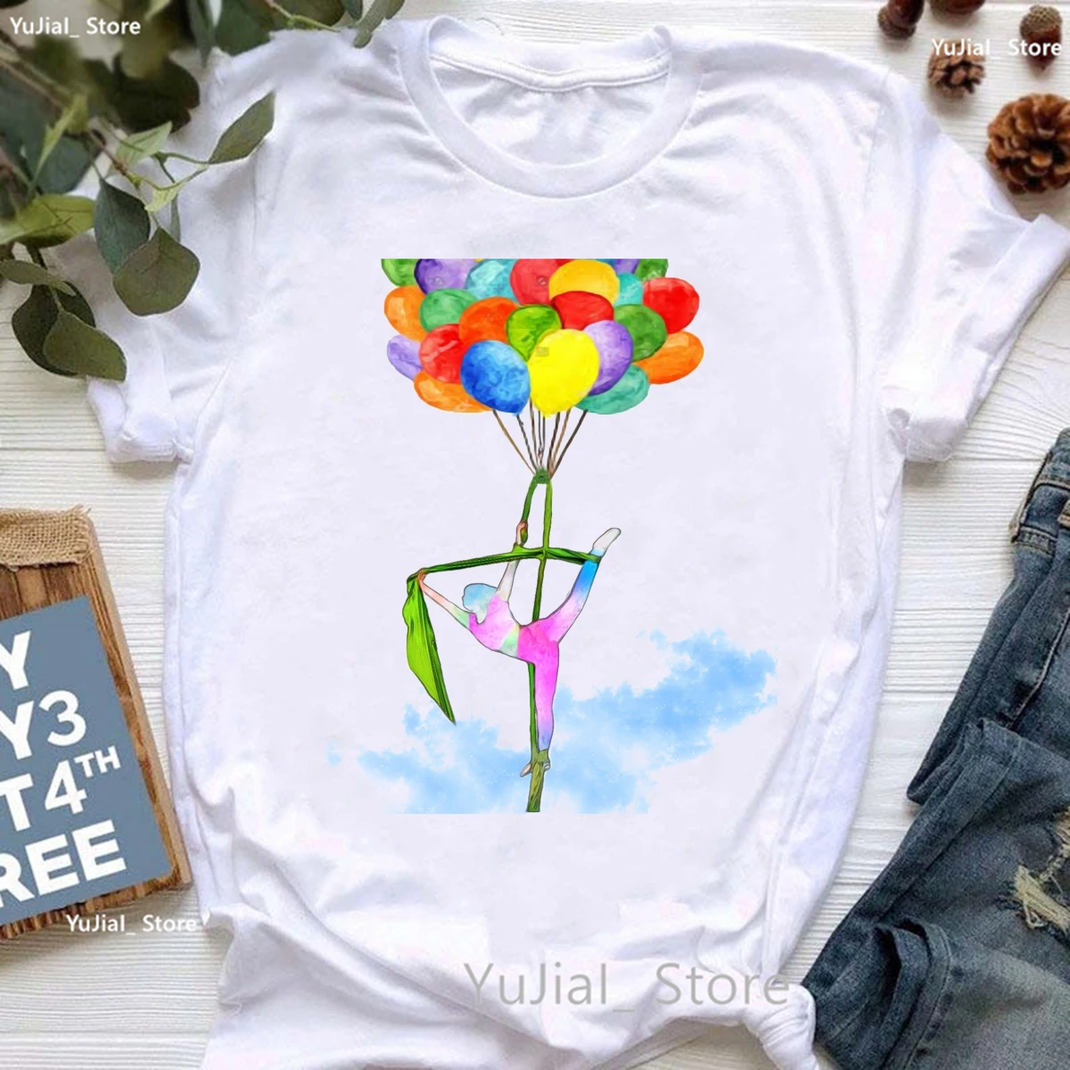 Rainbow Ballet Dancer Print T Shirt Girls Gymnast Lover Tshirt Women Watercolor Flowers T-Shirt Femme Summer Short Sleeve Tops