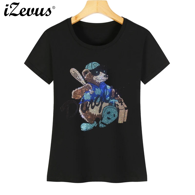 

New hot high-quality women's summer T-shirt new wave of creative bear rhinestone casual T-shirt realistic bear