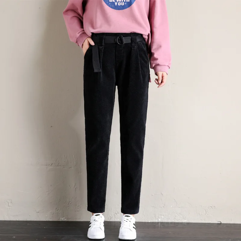 Spring Fashion Trend Vintage Ladies Full Length Pants with Sashes Women Solid Corduroy Harem Pants  Winter Casual Loose Trousers