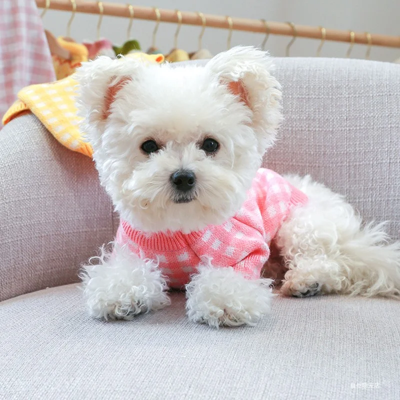 1PC Pet Clothing Cat Pink Plaid Rabbit Autumn and Winter Thickened Warm Knitted Sweater Suitable for Small and Medium sized Dogs