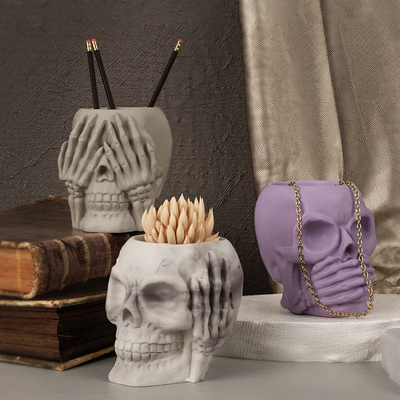 Moule en silicone porte-plume tête de mort 3D, pot de fleurs décoratif Halloween bricolage, boîte de rangement de bijoux, moule en plâtre Regina, compte tenu des cadeaux de vacances