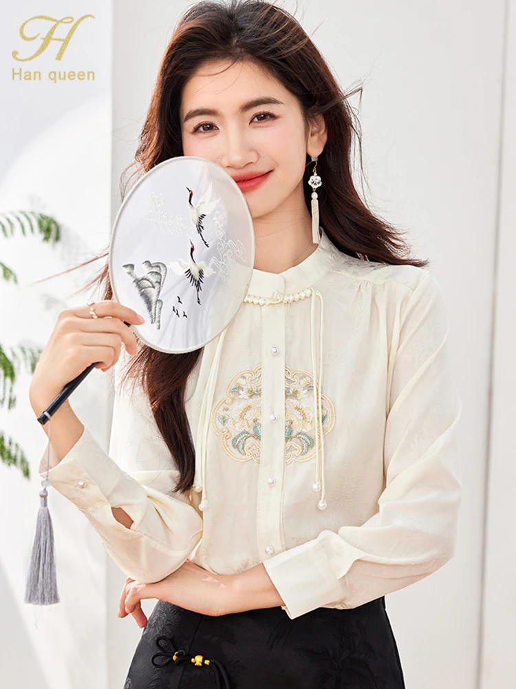 H Han Queen 2024 Autumn Tops Female Blouse Fashion Embroidered Simple Shirt Korean Chic Casual Blouse Long Sleeve Woman Clothing