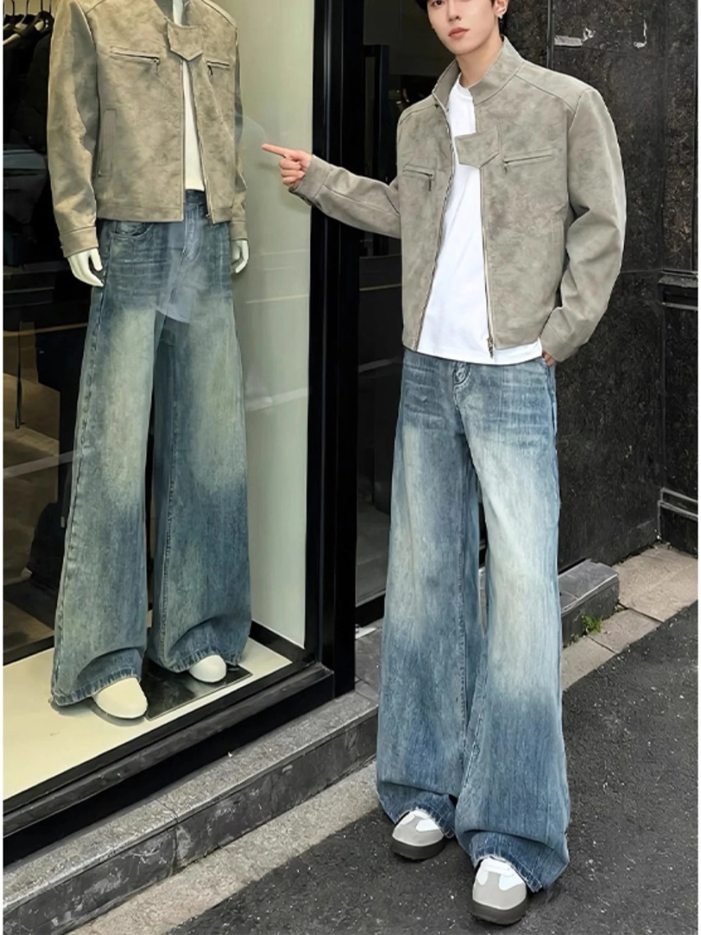 

Мужские джинсы Cleanfit с синим узором «Молния», расклешенные, в американском уличном стиле, прямые, широкие, из хлопка и полиэстера