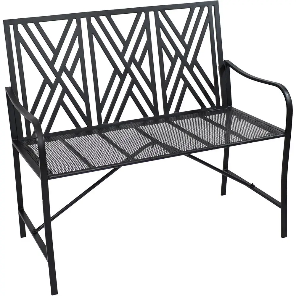 

Black Geometric Iron Patio Bench for Two, 42 Wide Outdoor Garden Furniture