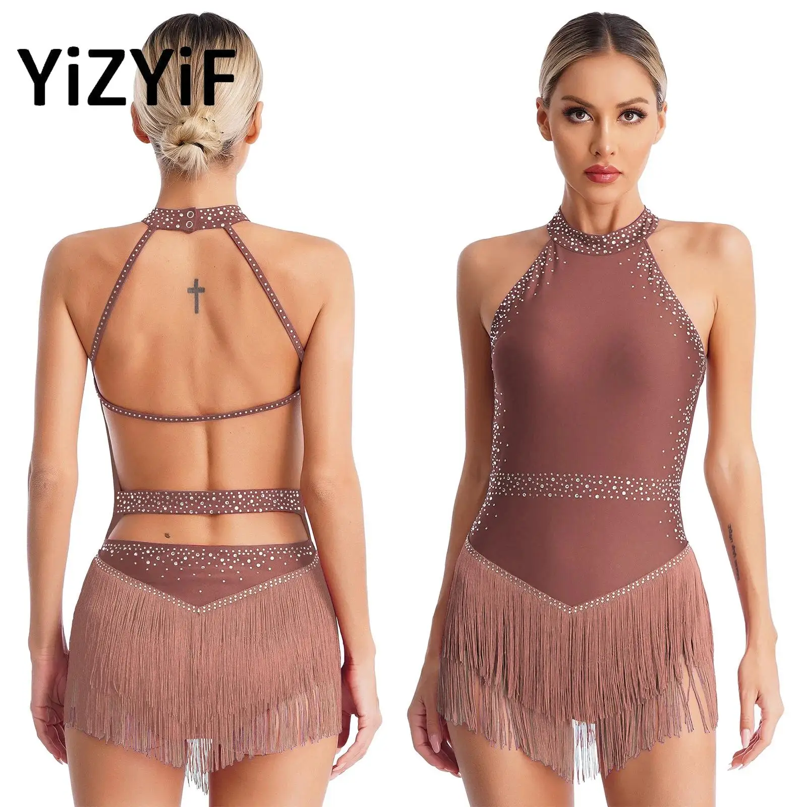 

Womens Backless Latin Leotard Shiny Rhinestones Tassel Halter Fringe Bodysuit Ballroom Latin Tango Salsa Dance Costume