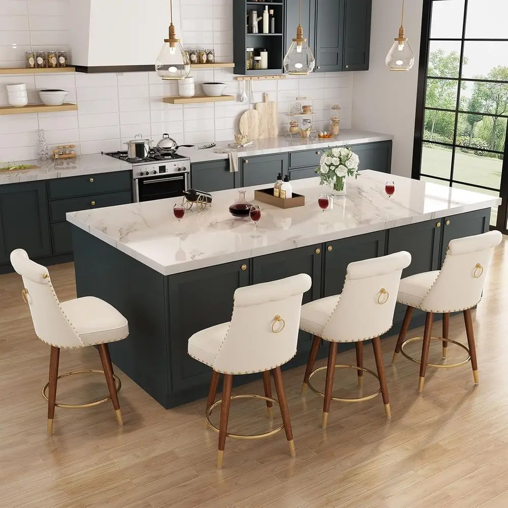 

Набор из 4 вращающихся барных стульев с мягкими бархатными сиденьями и деревянными ножками