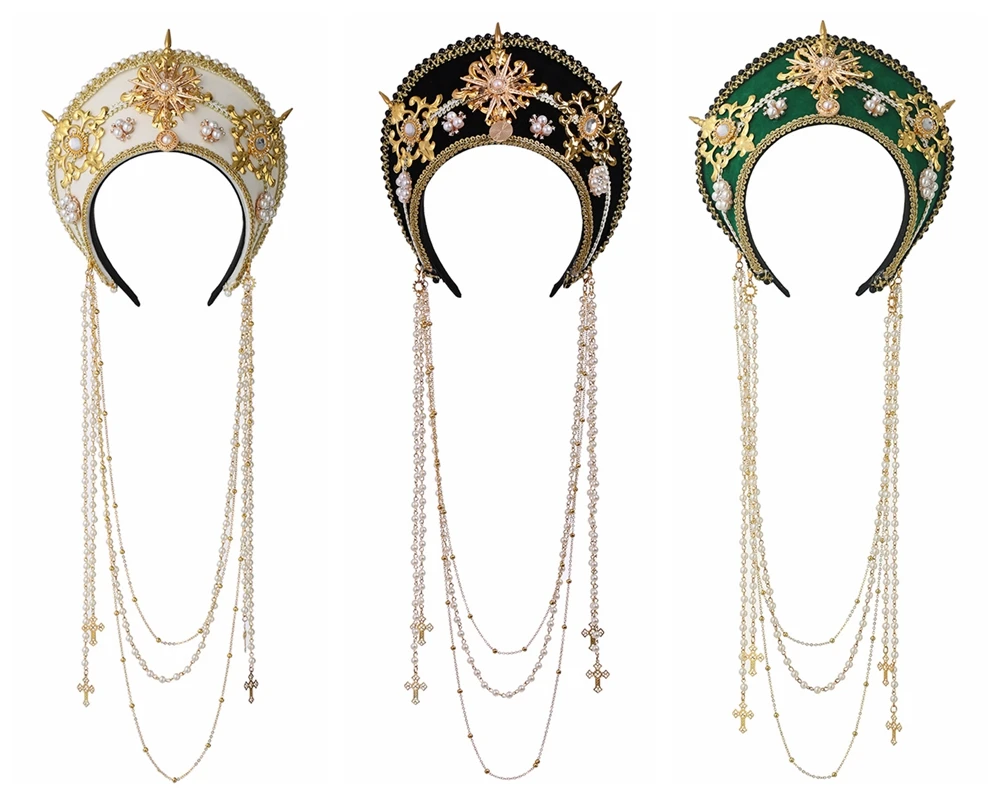 Renaissance Tudor Crown Headpiece Beads Chain Royal French Women Medieval Elizabethan Hood Coronet Tiara Headband