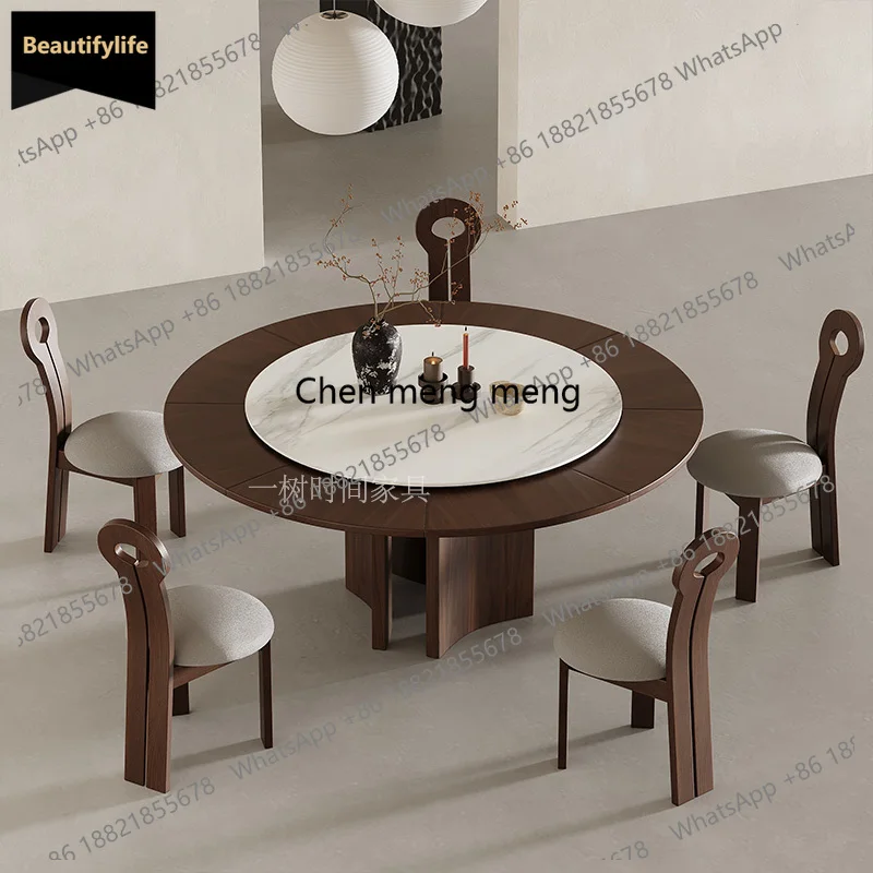 

A139 Medieval wabi-sabi wind belt turntable black walnut rotating retractable dining table solid wood variable diameter dining t