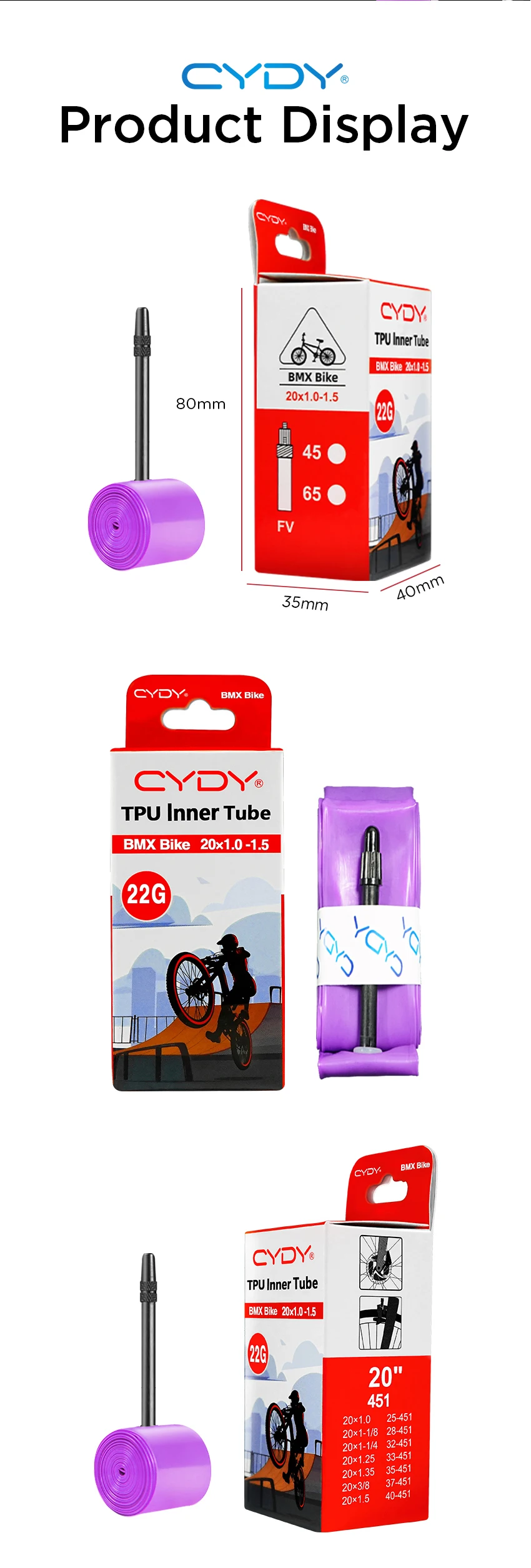 22g CYDY TPU Fahrradschlauch 20' 451 20x1.0 1-1/8 1-1/4 1.25 1.35 1-3/8 1.5 Ventillänge 45/65mm BMX Fahrradreifen – Detail 8