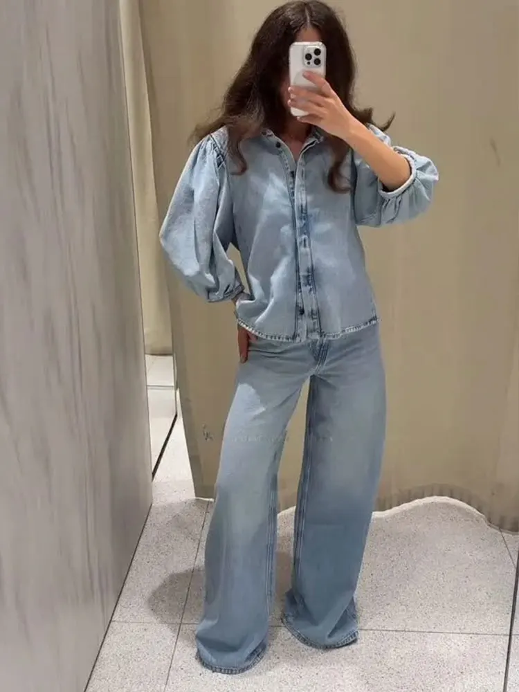 

HH Female Street Fashion Solid Denim Suit Lapel Short Puff Sleeves Hidden Button Shirt Top+Wide Leg Jeans New Vintage Set