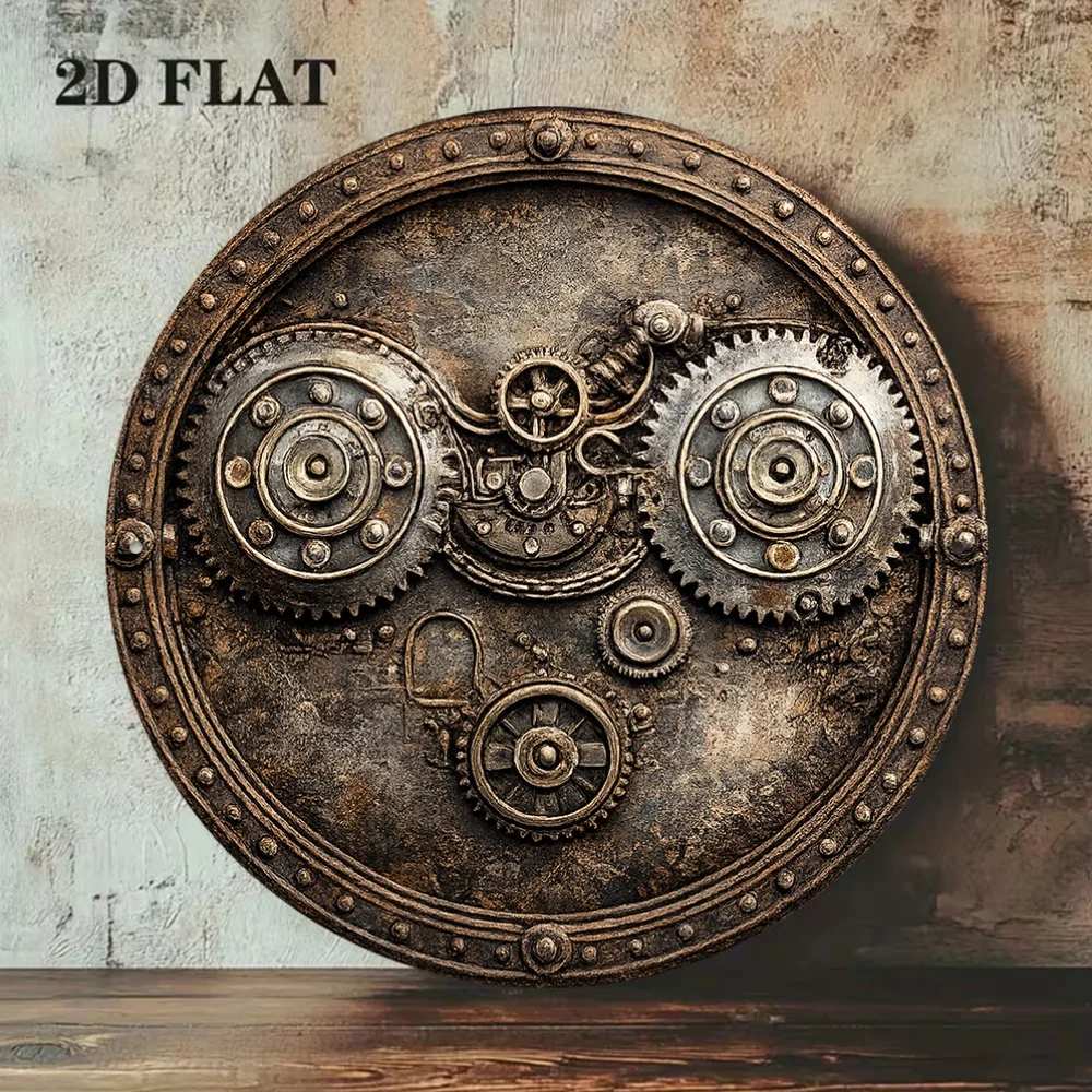 2D Vintage Metal Sign, Steampunk Gear Mechanical Round Aluminum Plate, Industrial Wall Decor for Bar Cafe Workshop Garage Living