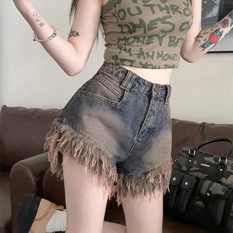 

High Waist Female Short Jeans Pants Tie Dye Sexy Fringe Coquette Fashion Clothing Women's Denim Shorts 2024 Aesthetic Designer