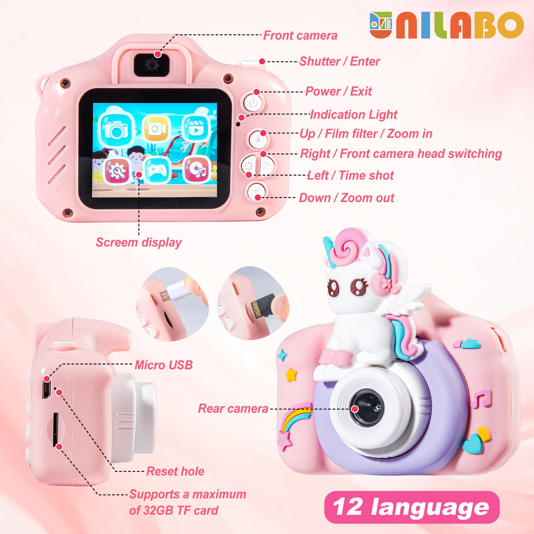 Atualize câmera selfie infantil, câmera filmadora de vídeo infantil HD com capa macia de desenho animado, presentes ideais para festival com cartão SD de 32 GB