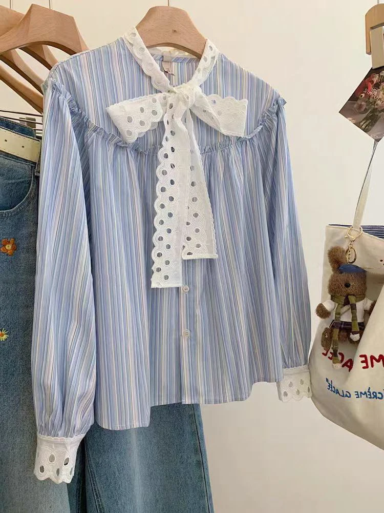 

Синяя женская блузка с длинным рукавом в корейском стиле, весна-осень, свободного кроя, универсальная, стройнящая, с бантом, повседневная