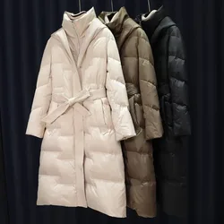 Fashion Casual New Winter Women Thick Warm Coat Luxury Slim Parka Hooded Outerwear White Duck Down Long Jacket with Belt Female