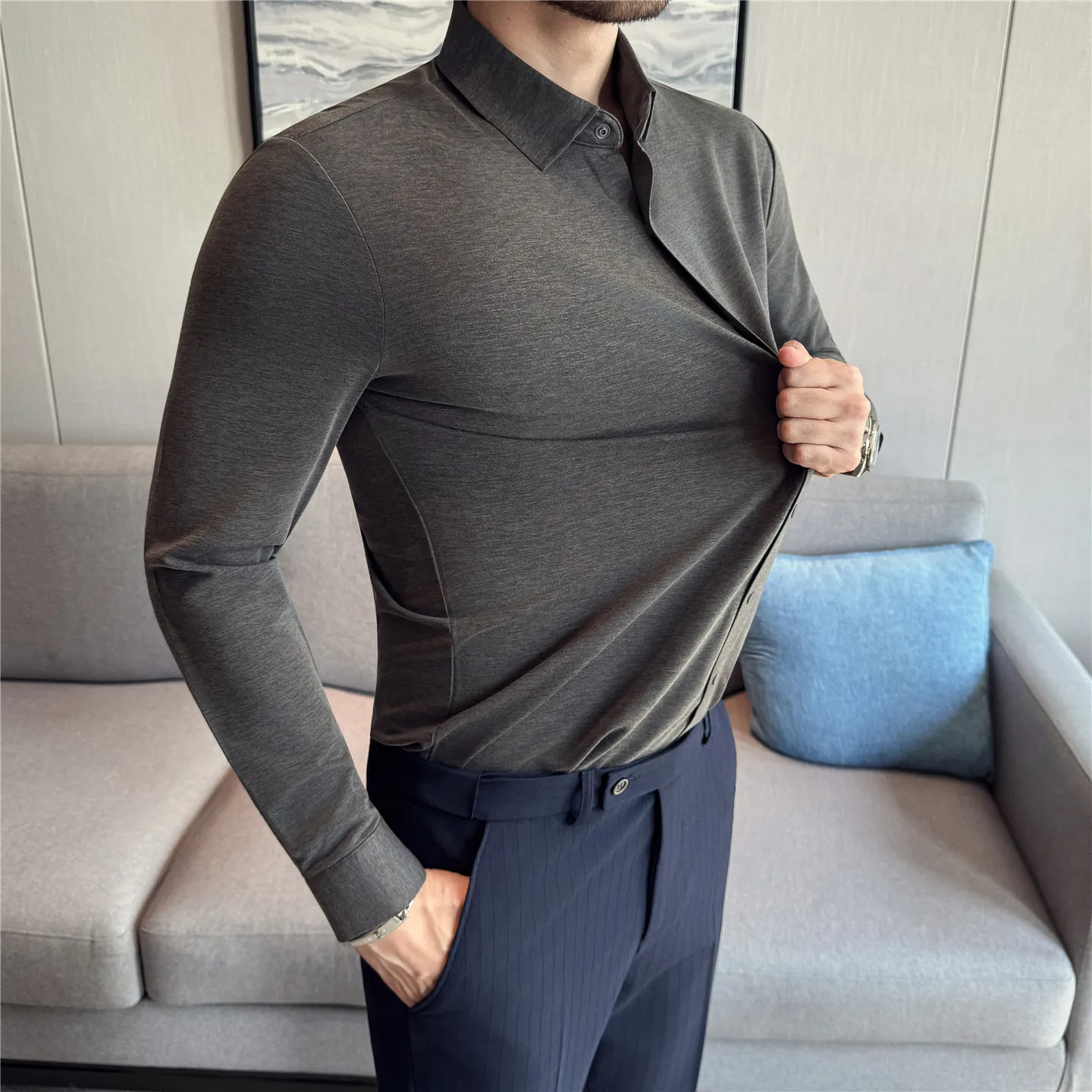 

Autumn/Winter Thickened Lyocell Seamless Long-Sleeved Dress Shirt Men's Stretchable Shirt with Deduction