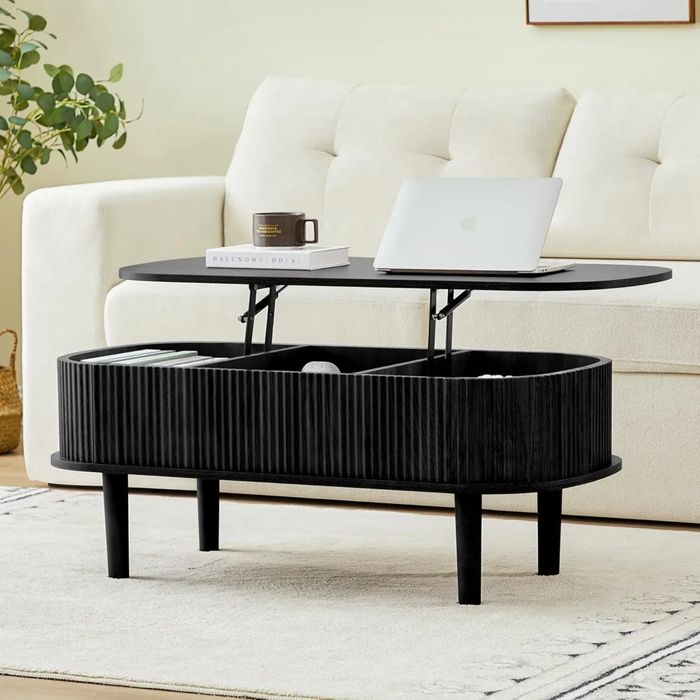 

Fluted Lift Top Coffee Table with Hidden Compartment, Fully Assembled Wooden Center Table, Modern Oval Lift Tabletop for Home Li