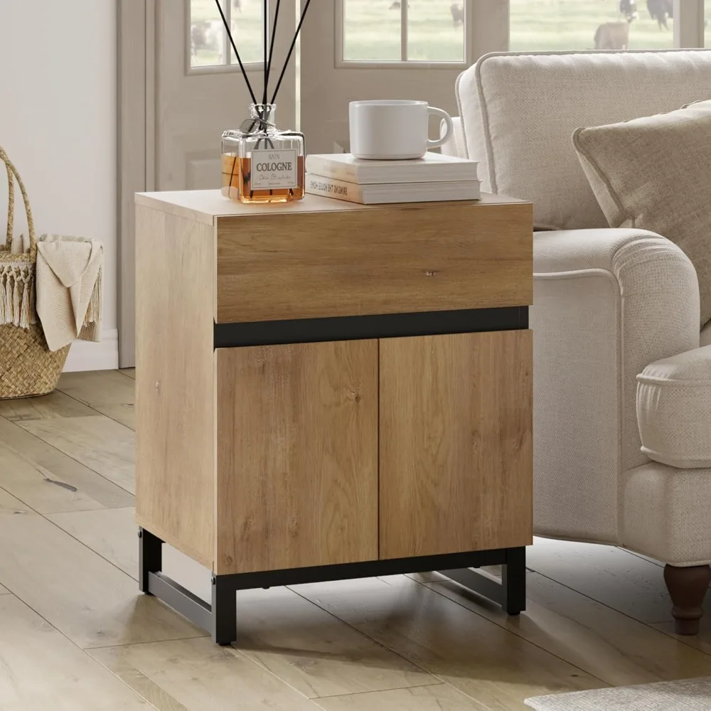 

Modern End Table with 1 Drawer & 1 Storage Cabinet, Farmhouse Sofa Table, Wooden Rustic Side Sofa Table Metal Leg for Living Ro